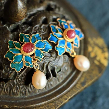Original oblikovalec obrti Cloisonne pozlačenega svile Ruby Biser Uhani Kitajski retro slogu palace edinstven čar ženske srebrni nakit