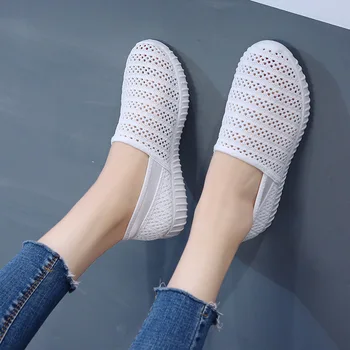 Poletje 2019 žensk dihanje očesa športna obutev modni stanovanj čevlji ženske plitvo bela slip-on loafers čevlji
