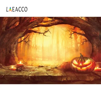 Laeacco Halloween Gozd Ozadje Fotografije Staro Drevo Lesena Tla Sveča Bučna Stranka Baby Scene Foto Ozadje Photostudio