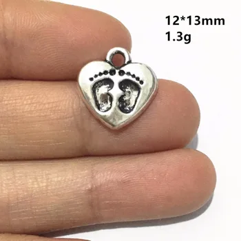 VEČINO 30 Cinkove Zlitine Baby Foot Srce Čare Antique Silver Plated Obesek za DIY Nova Mama Otroka Kažejo, Nakit 12*13mm 1.3 g