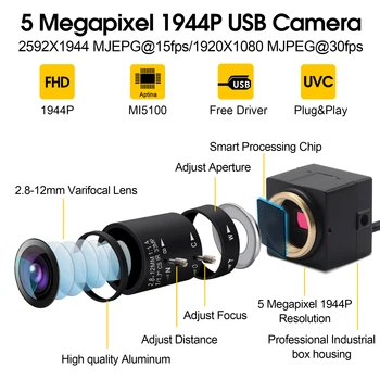 2592 X 1944 5MP Aptina MI5100 CS mount 2.8-12mm varifocal USB webcam, Android, Linux, Windows, Mac UVC usb kamero za 3D tiskalnik