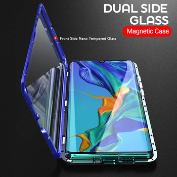 Magnetni Absorpcije Kovin Flip Primeru Telefon Za Huawei P30 Pro Lite Zajema Dvojno Stranicami, Kaljeno Steklo Huawei P30Pro P30Lite Fundas