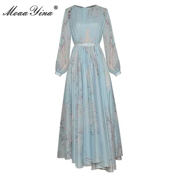 MoaaYina Modni Oblikovalec obleko Pomlad Ženske Obleka Luč Rokav Vintage Natisnjeni Asimetrični Obleke