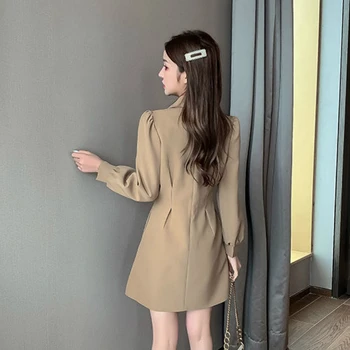 Ženske Dolg Rokav Mini Obleke Mozaik Design Zarezo Proti-vrat Elegantna Urad Dama Trdna Slim Ulzzang korejskem Slogu Outwear Chic