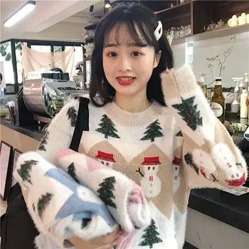 Jesen / Zima 2020 Mink Natisnjeni Božič Pulover Ženske korejski Ohlapen Pulover Sladko Študent Trend