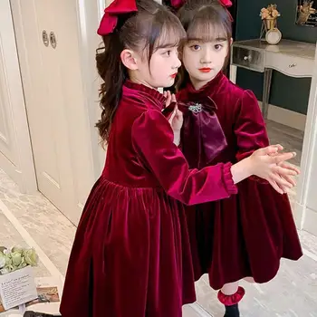 2021 Pozimi, Jeseni Dekleta Princesa Obleko Otroci Debele Plišastih Tople Obleke za Dekleta Rdeče Srčkan Lok Celotno Obleko Malčka Velika Punca Obleke