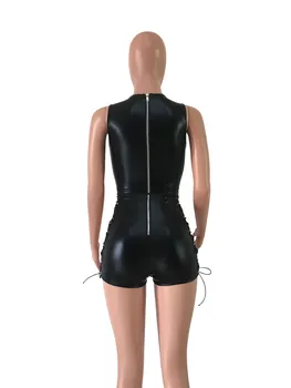 Sexy Klub Povoj Bodysuits Ženske Proti-Vrat Čipke Votlih Iz Clubwear Suh Črno Usnje Jumpsuit Hlače Playsuits Combinaison