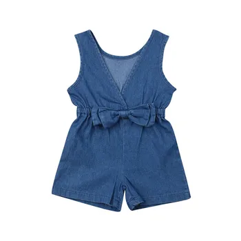 Otroško Traper Igralne Obleke Solid Blue Baby Dekleta Novorojenčka Oblačila, Bombaž Romper Lok Jumpsuit Poletne Obleke Set