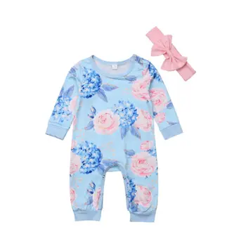 2Pcs Malčke Baby Dekle Cvetlični Romper Dolgimi Rokavi Jumpsuit Bombaž Oblačila Obleko Nastavite Jeseni