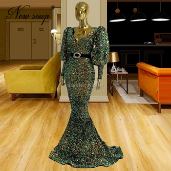 2021 Nove Ženske Večerne Obleke Dubaj V Vratu Dolgi Vlak Stranka Noč Vestido De Fiesta De Gala Zeleno Sequins Arabski Prom Oblačenja