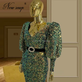 2021 Nove Ženske Večerne Obleke Dubaj V Vratu Dolgi Vlak Stranka Noč Vestido De Fiesta De Gala Zeleno Sequins Arabski Prom Oblačenja