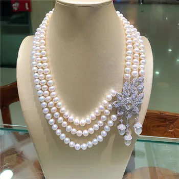 Ročno vozlane naravnih 7-8 mm bela nearl krog sveže vode pearl temperament mikro podolgovat cirkon ogrlica modni nakit