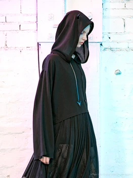 PUNK RAVE Dekle Gothic Hudič Rogovi Priložnostne Black Hoodies Majica Dolg Rokav Vrhovi Ženske Oblačila