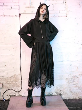 PUNK RAVE Dekle Gothic Hudič Rogovi Priložnostne Black Hoodies Majica Dolg Rokav Vrhovi Ženske Oblačila