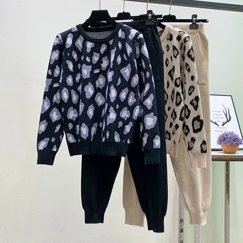 Moda za ženske bo ustrezala 2020 jeseni in pozimi leopard tiskanja puloverju dolgimi rokavi pulover casual + hlače obleko, dvodelno,