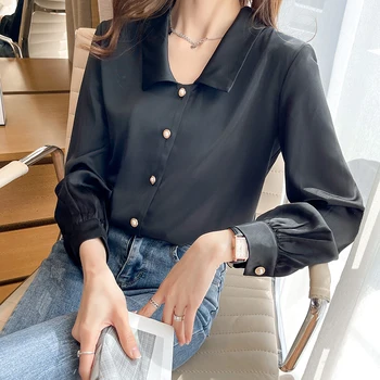 Korejski Ženske Majice Šifon Bluze za Ženske Majice z Dolgimi Rokavi Ženske Beli Vrhovi Ženska Beading Bluzo Ženska V-neck Majica XXL