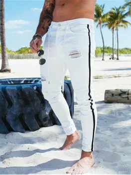 Jeans Moški Vroče Raztrgala Skinny Jeans Prugasta Hip-hop hlače Priložnostno Stretch Elastični Pas Traper Hlače Big Velikost Evropski Moške jeans 4XL