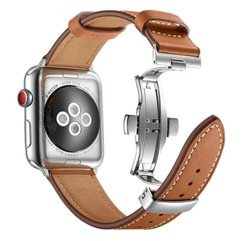 Pristen Cowhide Usnje Watchband za iWatch Apple ura SE Series 6 5 4 3 2 1 44 42mm 40 mm 38 mm Pas Metulj Sponke Traku