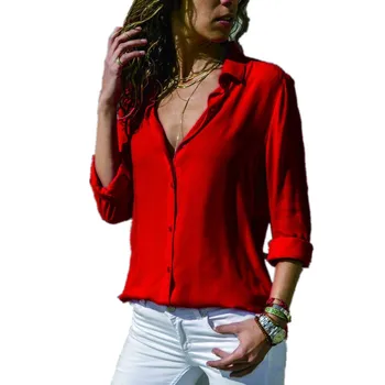 Ženske Bele Bluze Osnovne Prodajne Gumb Trdna 2019 Jeseni Dolg Rokav Shirt Ženski Šifon Žensk Slim Plus Velikost Oblačila Vrhovi