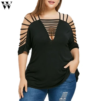 Womail Kratek sleeve majica s kratkimi rokavi Ženske Mode Plus Velikost Womens Votlih Iz O-Vrat izrežemo Strappy T-Shirt Mar1