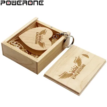 POWERONE (1 KOS prosta po Meri LOGO) leseno Srce usb z box USB Flash Drive Pendrive 32GB 64GB 8GB 16GB 4GB za poročna darila