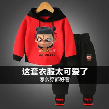 Baby fantje in obleke, kompleti 2-9 let pomlad jesen 2-kos-določa, Risanka natisnjeni hooded majica + hlače Kitajski risanka