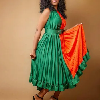 Ženske Nabrano Obleko Mozaik brez Rokavov z pasu Pasu Stranka Moda Ruffles Nove Afriške Praznovanje Elegantne Priložnosti Oblačilih 2021