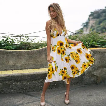 Ženske poletje obleko 2019 novo Sončnično ananas vzorec tiskanja zanko gumb povodcem seksi mid-tele obleke vestidos Moda