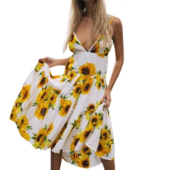 Ženske poletje obleko 2019 novo Sončnično ananas vzorec tiskanja zanko gumb povodcem seksi mid-tele obleke vestidos Moda
