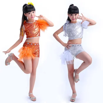 Srebro oranžna Bleščica Jazz Plesne Kostume Za Dekleta Hip Hop Otroci Sodobna Plesna Predstava, Ples Dekle Fazi Dancewear