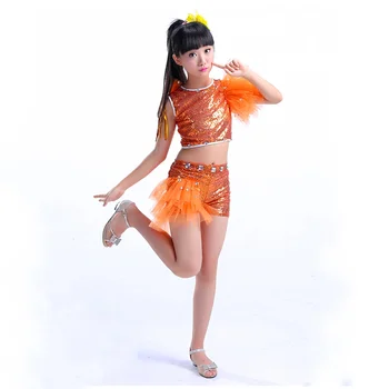 Srebro oranžna Bleščica Jazz Plesne Kostume Za Dekleta Hip Hop Otroci Sodobna Plesna Predstava, Ples Dekle Fazi Dancewear