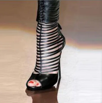 Sweet modni modeli črno usnje, s kombinacijo redu, zadrge, 11 cm visoko peto sandale. Velikost: 35-43