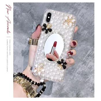 Moda Polno Pearl Diamond Cvet sestavljajo Ogledalo Primeru Kritje Za Iphone Mini 12 11 Pro XS Max XR X 8 7 6S Plus SE Luksuznih DIY Primeru