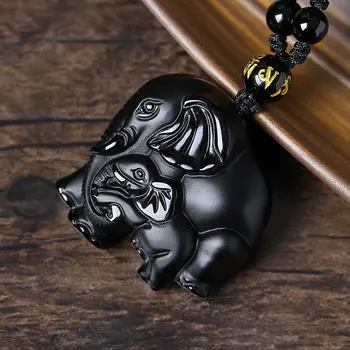 Naravni Črni Obsidian Slon Obesek Kroglice Ogrlico, Čar, Moda Nakit, Ročno Izrezljano Amulet Darila simbol duha