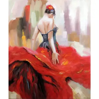 Ročno oljnih slik prenesenem Flamenka španski Gypsy Svetlo Rdeča Obleka Črna Olje Slikarsko platno umetnosti za stenski dekor