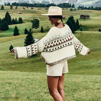 TEELYNN Etnične bež puloverju puloverji za ženske Jeseni, pozimi topla jopica z dolgimi rokavi potegnite femme plesti skokih boho puloverji
