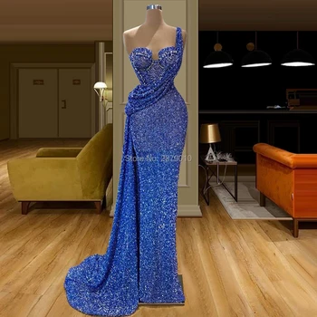 Royal Modra Večerno Obleko Tulec Tla-Dolžina Rokavov Elegantno Sequins Haljo De Soiree Aibye Prom Oblačenja Bližnjem Vzhodu Dubaj Dubaj