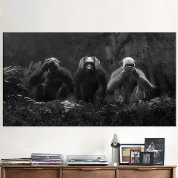 Nordijska Dekor Tri Opice, Slikarsko Platno Belo in Črno Plakat in Tiskanje Moderne Stenske Umetnosti za dnevno Sobo, Spalnica Dekor