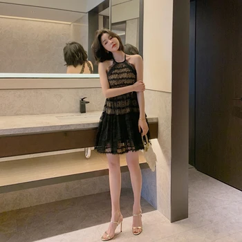 Nov prihod korejski stil modni obleko ženske elegantne poletne urad dama seksi čipke tanke temperament letnik black stranka obleko