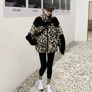 Jagnjeta krzno plašč ženske 2020 nove jesensko zimske college svoboden slog priložnostne vsestranski leopard tiskanja kašmir vrh ženske trend