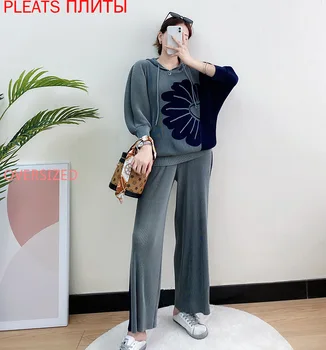 Miyake Naguban Moda Prostočasnih Športnih bo Ustrezala Kapičastih Pulover Obleko Naravnost Hlače Dva-delni Set Dresy Damskie 2 Delni Komplet Ženske