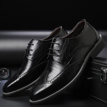 2019 Britanski Stil Usnja Mens Obleko Čevlje Visoke Kakovosti Oxford Čevlji Za Moške Čipke-Up Podjetij Moški Čevlji