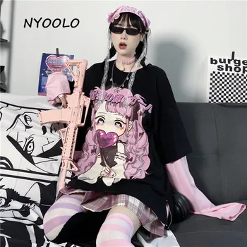 NYOOLO Japonskih Risank anime sladko ljubezen dekle tiskanja long sleeve majica s kratkimi rokavi ženske Jeseni ulica ponaredek 2 kos mozaik puloverji vrh