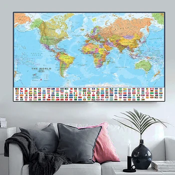 90*60 cm Zemljevidu Sveta Slikarsko Platno Zemljevid Sveta Steno z Nacionalnimi Zastavami, Plakatov in Fotografij za Šolo Office Home Dobave