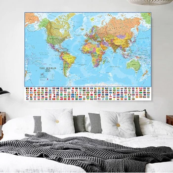 90*60 cm Zemljevidu Sveta Slikarsko Platno Zemljevid Sveta Steno z Nacionalnimi Zastavami, Plakatov in Fotografij za Šolo Office Home Dobave