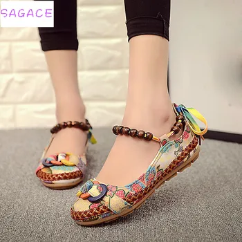 CAGACE 2018 Nove modne Ženske, Etnične Čipke Beading Krog Toe Udobno Stanovanj Pisane Loafers vezene bombaž čevlji