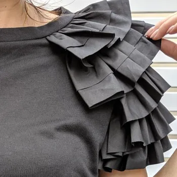 Minimalism Črno Bel Ruffles Poletje T Shirt Korejski Japonskem Slogu Žensk Ulične Priložnostne Kratek Rokav Tee Dame Tshirt