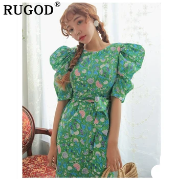 RUGOD korejski elegantna cvet natisnjeni ženske obleko Elegantno ruffles Puff rokav, dolge obleke, vestidos 2019 poletje plaža ženske obleke
