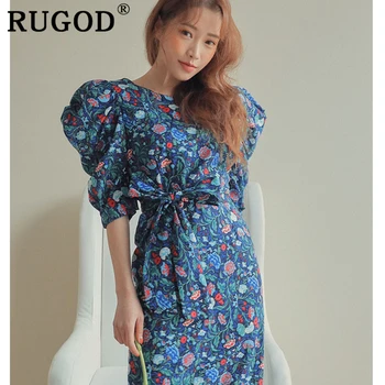 RUGOD korejski elegantna cvet natisnjeni ženske obleko Elegantno ruffles Puff rokav, dolge obleke, vestidos 2019 poletje plaža ženske obleke