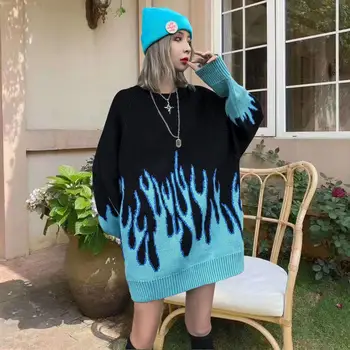 Ženske vrh 2020 jeseni in pozimi nova high street jacquardske plamen pulover nekaj hip hop par svoboden plesti pulover